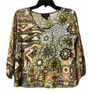 Floral Print Beaded Knit Top by Lola P. Sz PL